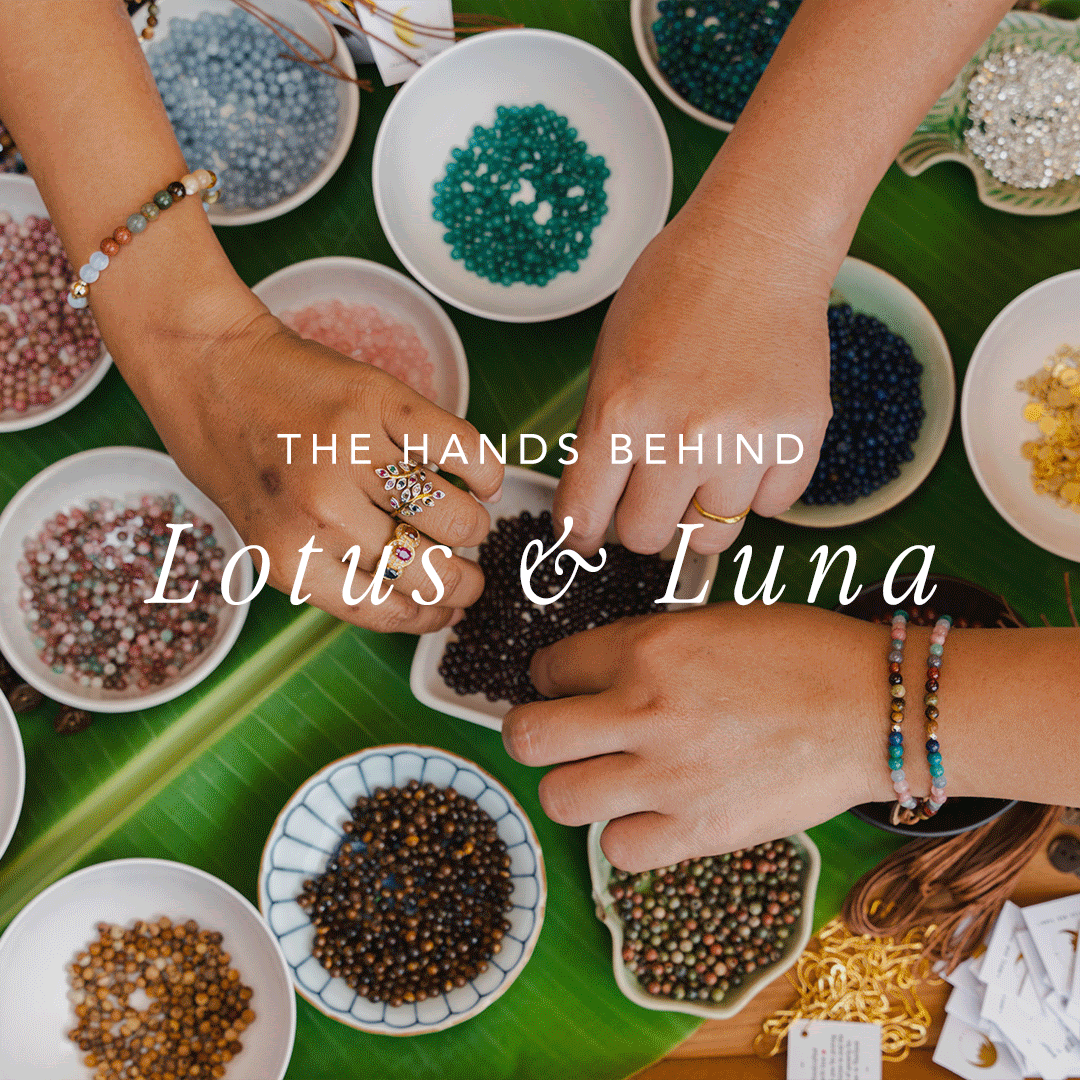 Animated email header: The Hands Behind Lotus & Luna, hands sorting beads into bowls